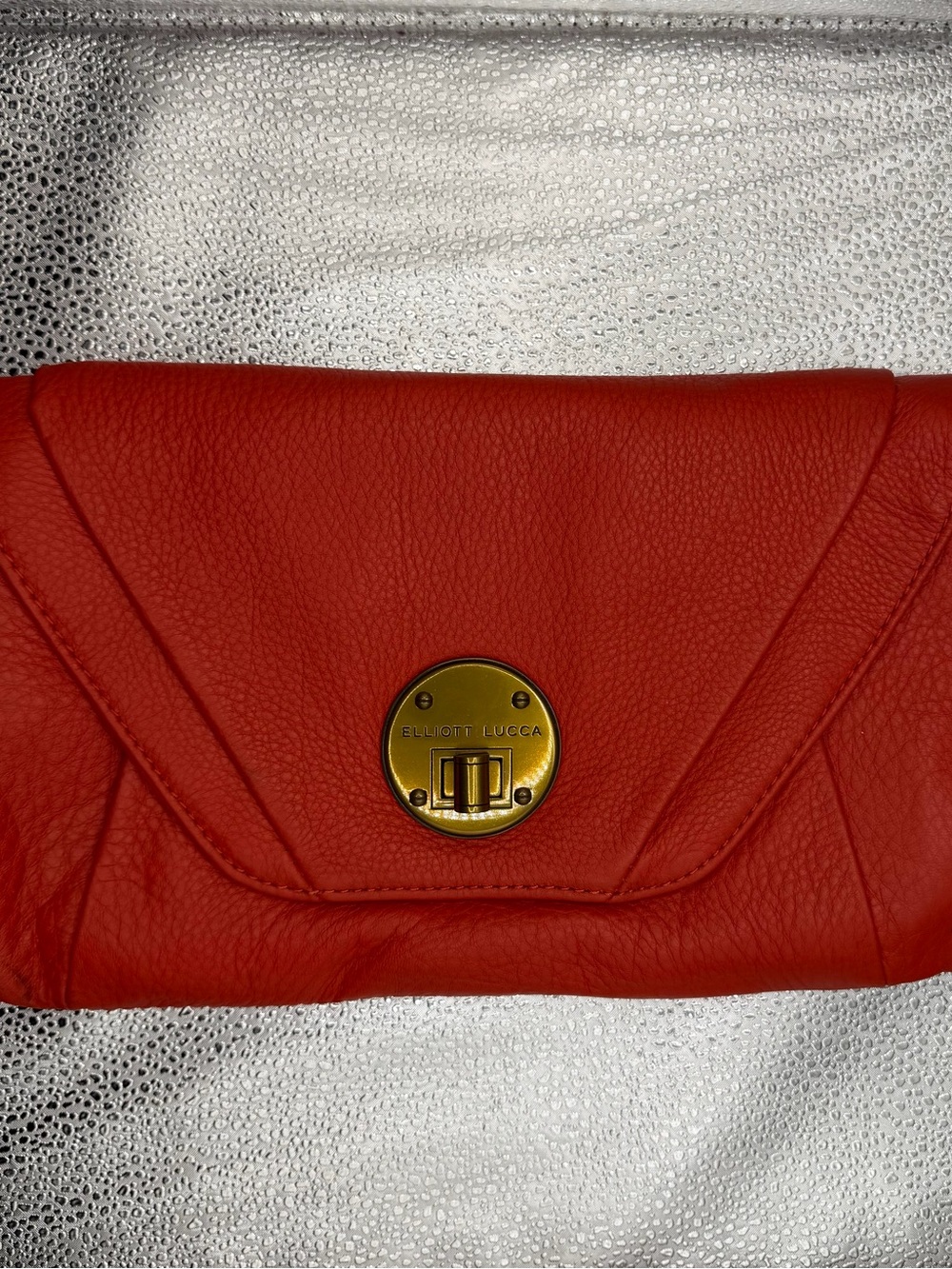 Elliott Lucca Red Pebbled Leather Envelope Clutch with Gold-Tone Turn Lock